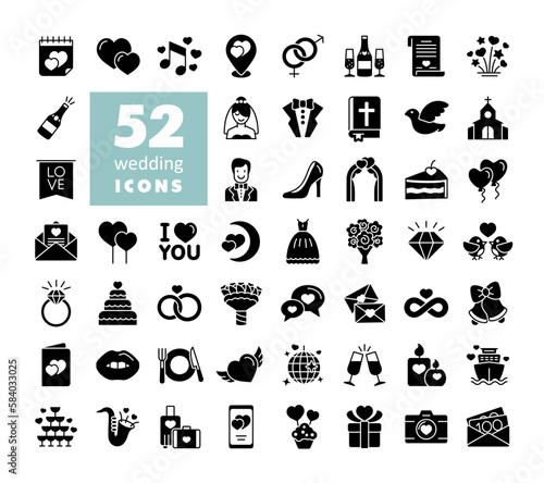 Wedding, marriage, bridal isolated vector icon set