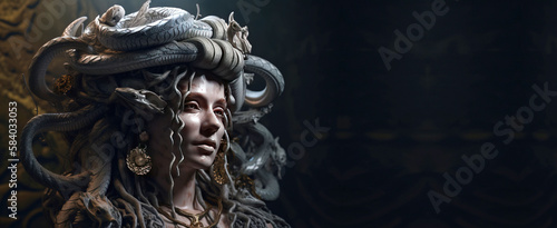 Gorgon Medusa is a mythological woman, a creature from legends. AI generated. Header banner mockup with space. © Serhii