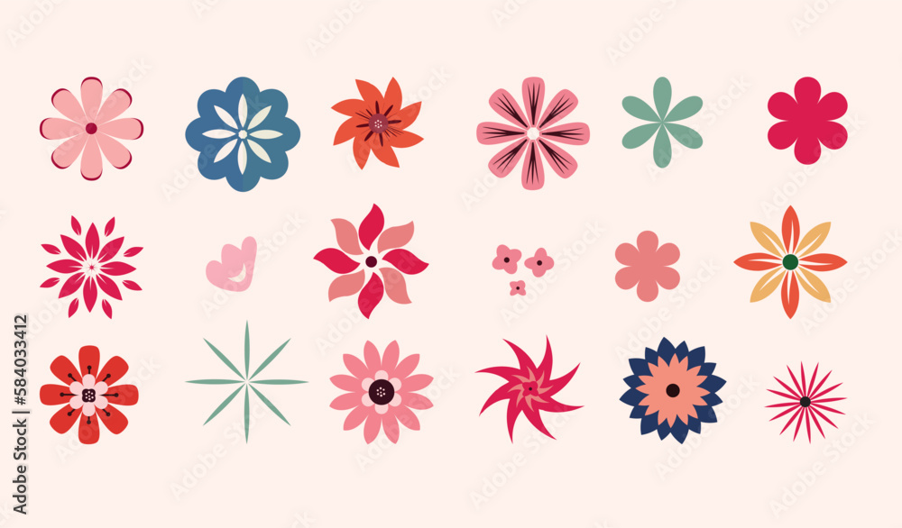 Set of vector flowers isolated. Vector flowers illustration with multi color, design in bright colors for stickers, labels, tags, gift wrapping paper