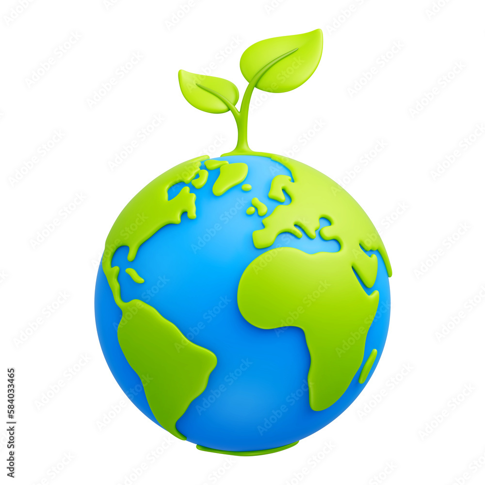 Cartoon planet Earth with green sprout and leaves 3d icon on transparent background. Earth day, ecology, nature and environment conservation concept. Save green planet concept. PNG file