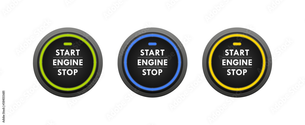 Obraz premium Start stop engine button set. Engine starting and stopping system. Switch for motor vehicles. Vector illustration
