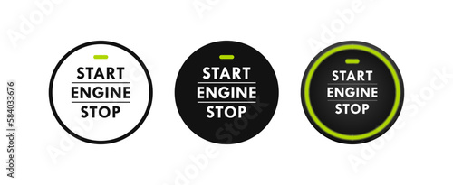 Start stop engine button set. Engine starting and stopping system. Switch for motor vehicles. Vector illustration