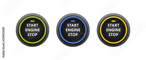 Start stop engine button set. Engine starting and stopping system. Switch for motor vehicles. Vector illustration