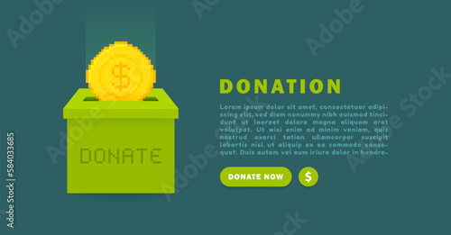 Donation and charity web banner design concept. 8 bit pixel coin in donation box. Giving charity financial support and fundraising. Volunteering and donating. Vector illustration