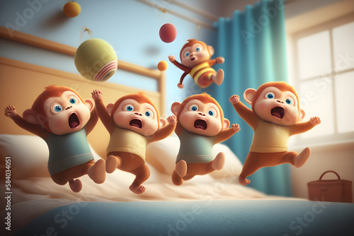 Five little monkey jumping on a bed, cute cartoon characters, ai generative photo