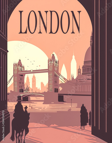 Beautiful vintage poster representing the city of London and its famous monuments, to illustrate projects related to architecture and travel. Generative AI photo