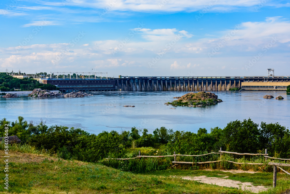 Hydroelectric power plant on the Dnieper river in Zaporozhye (Dneproges), Ukraine. View from island Khortytsya