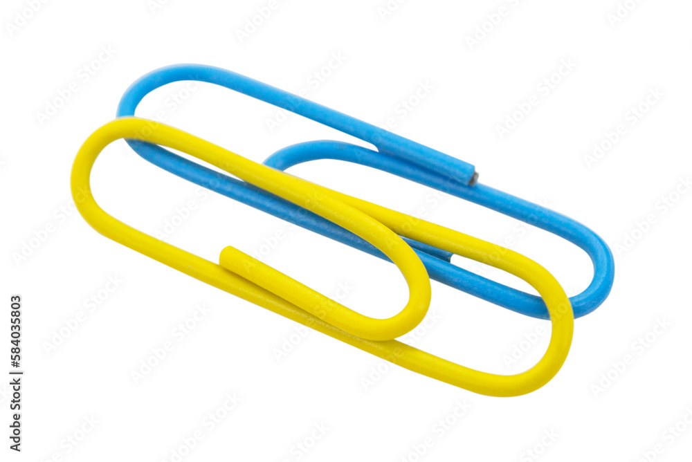 Paper blue yellow colored clips isolated on white background