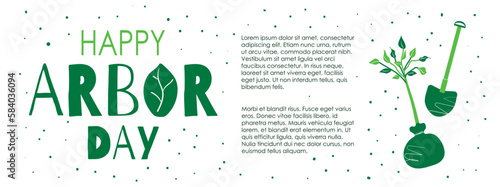 Arbor day background with seedling. Sapling and shovel, green monochrome typography. Horizontal poster, banner template with copy space for text. Vector illustration