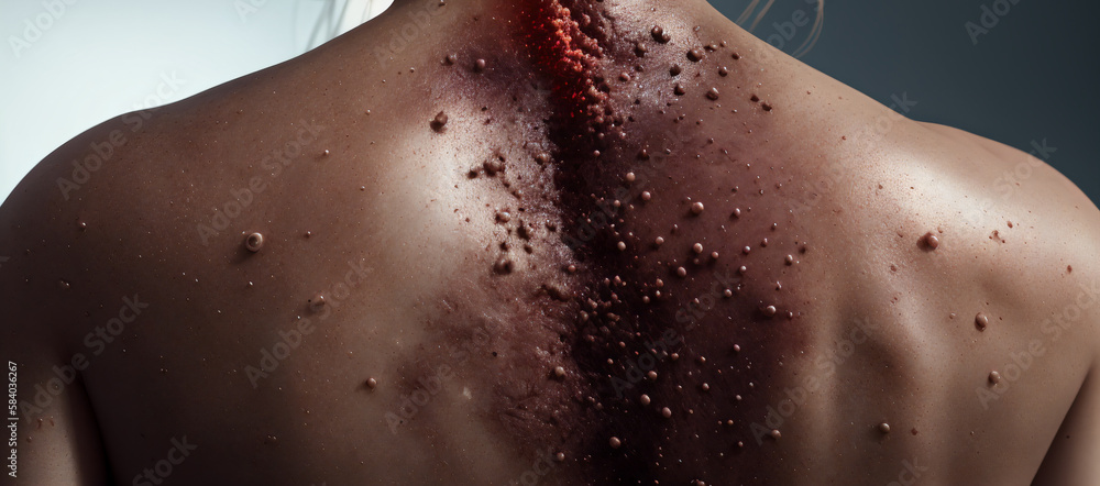 Infections of the skin of the body, Painful rash, red spots blisters. The woman's back is covered with blisters from the epidemic and the virus. Generative AI. Infections of the skin of the body, Painful rash, red spots blisters. The woman's back is covered with blisters from the epidemic and the virus. Generative AI.
