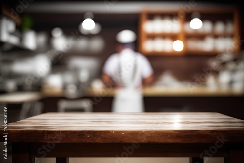 Closeup of an Empty Table with a Blurred Restaurant Kitchen and Chef in the Background (Generative AI)