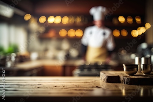 Closeup of an Empty Table with a Blurred Restaurant Kitchen and Chef in the Background  Generative AI 