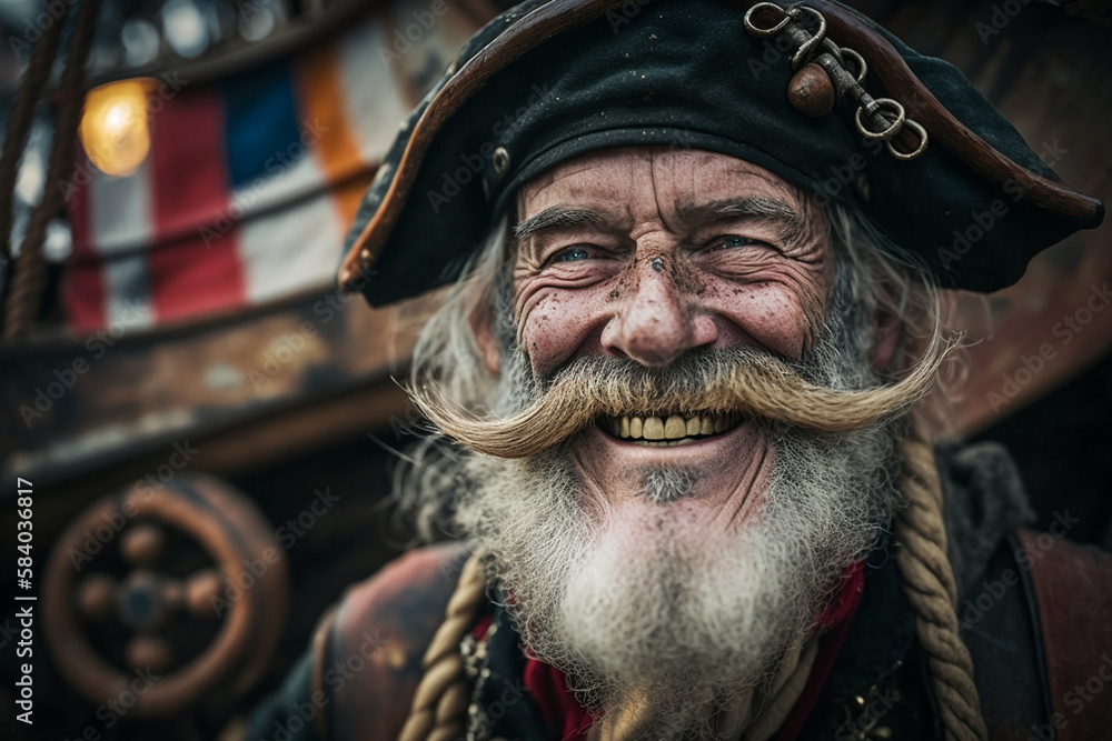 a mature old adult man is a pirate on a pirate ship, fictional location. Generative AI