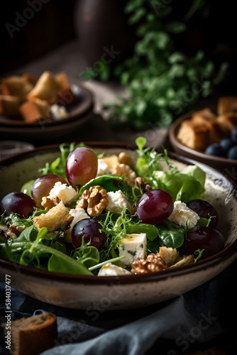 Italian spring salad with goat cheese, grapes and walnuts. Served with croutons. (generative ai)
