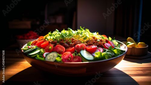 healthy food, salad on the table of wood