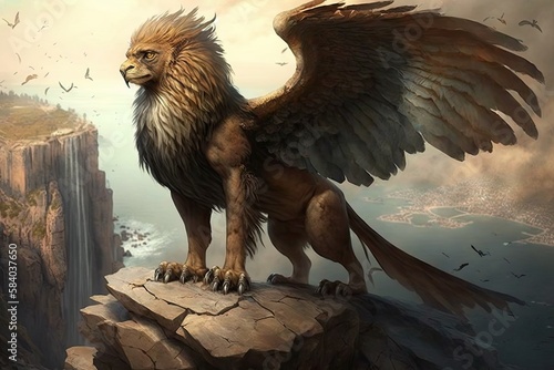 griffin perched on rocky cliff, its wings spread wide, created with generative ai photo
