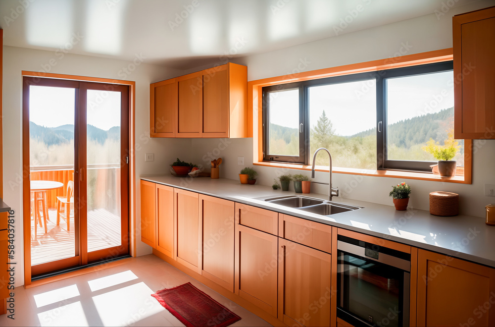 Modern kitchen interior made of wood with sunlight through the windows with a view of the nature of the mountains. Generative AI. Modern kitchen interior made of wood with sunlight through the windows with a view of the nature of the mountains. Generative AI.