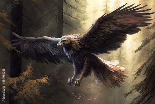 griffin soaring above forest, its wings spread wide, created with generative ai photo