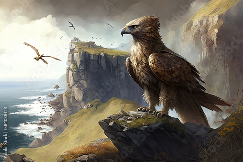griffin perched on cliff, surveying the landscape, created with generative ai photo