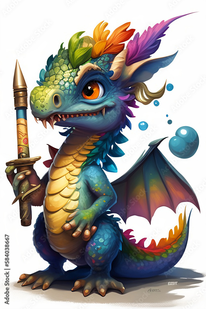 Colorful Dragon Character Art with Paintbrush in Hand Colorful Dragon Character Art with Paintbrush in Hand