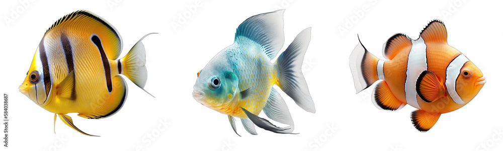 Collection of colorful fish on a transparent or white background - obrazy, fototapety, plakaty 