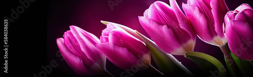 Beautiful spring tulips and space for text on light blue background. Horizontal banner design