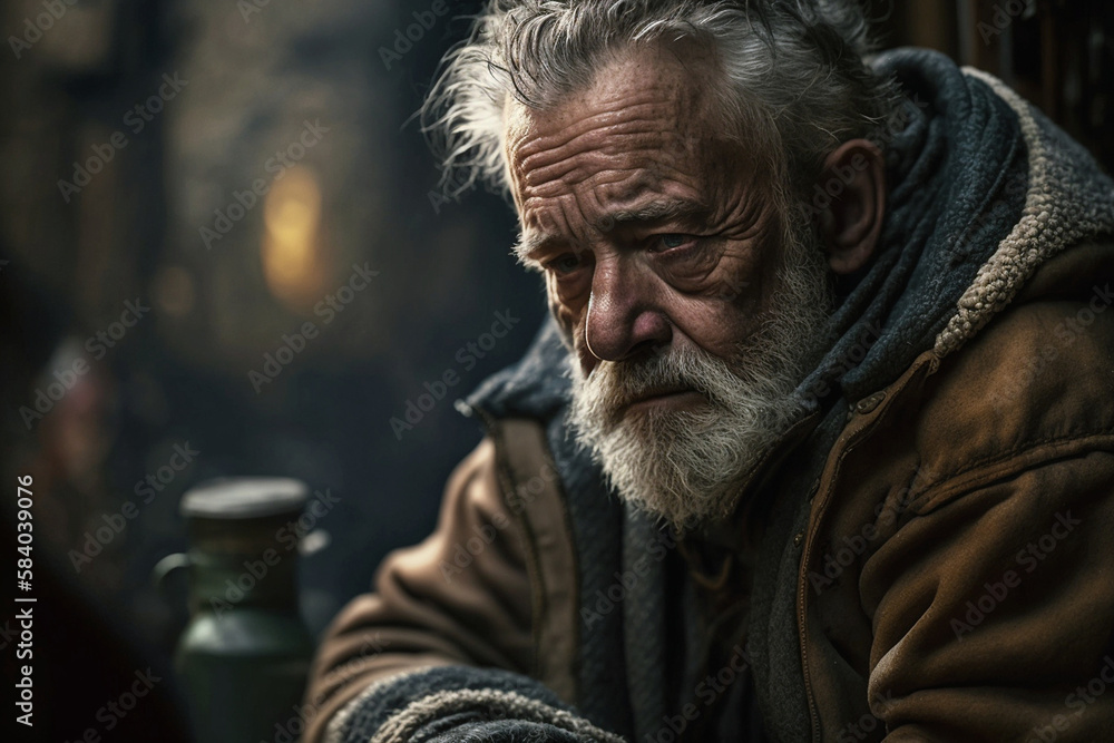 old man in bad mental and or physical condition, fictional person and place and fictional problem. Generative AI old man in bad mental and or physical condition, fictional person and place and fictional problem. Generative AI