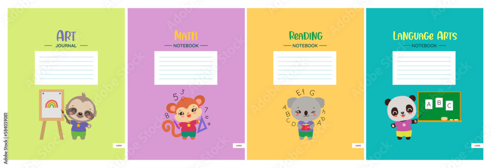 School notebook cover template set. Cute notepad workbook design with school subject headers. Stationery print. Animals panda, sloth, koala kawaii style illustrations. Elementary teaching resourses. School notebook cover template set. Cute notepad workbook design with school subject headers. Stationery print. Animals panda, sloth, koala kawaii style illustrations. Elementary teaching resourses.