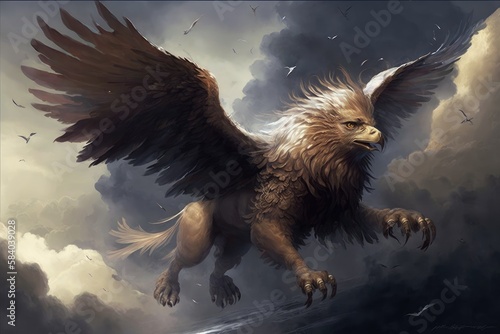 a griffin soaring through the clouds, with its wings spread wide, created with generative ai photo