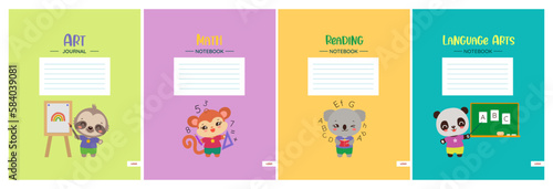 School notebook cover template set. Cute notepad workbook design with school subject headers. Stationery print. Animals panda, sloth, koala kawaii style illustrations. Elementary teaching resourses.