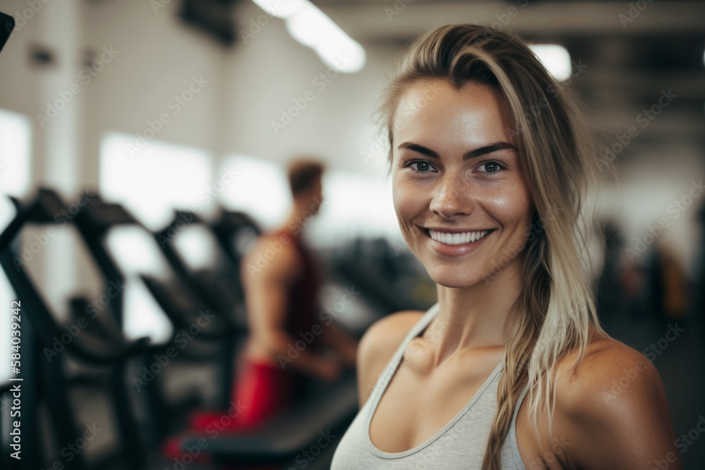 Fototapeta premium young woman at the window in a gym in a shirt. Generative AI