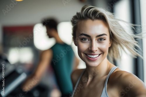 young woman at the window in a gym in a shirt. Generative AI