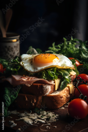 Delicious toast sandwich with ham, cheese, egg and vegetables. (generative ai)