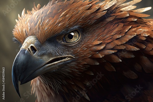 close-up of griffin's fierce and majestic face, with its razor-sharp claws at the ready, created with generative ai photo