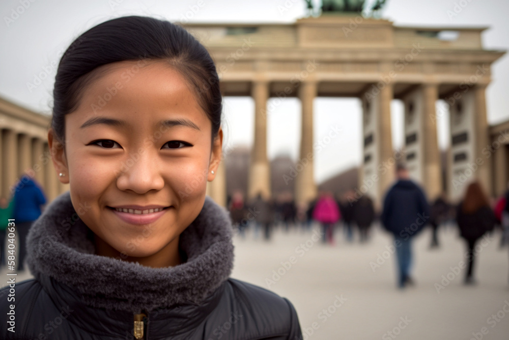 A tourist girl or student at the Brandenburg Gate in Berlin in Germany. Generative AI A tourist girl or student at the Brandenburg Gate in Berlin in Germany. Generative AI