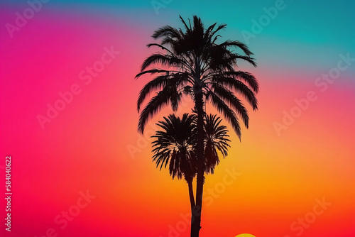 Twilight's Palette: Enchanted Colors by the Palm Tree. Ai generative