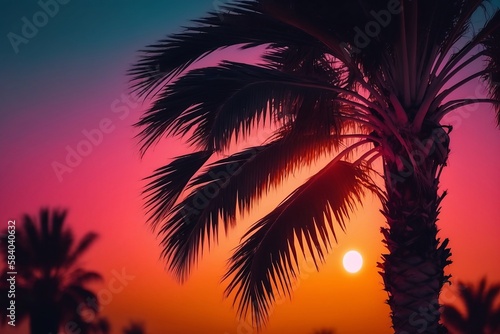Sunset Oasis: Silhouetted Palm Trees. Generative ai