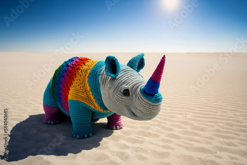 Stitched Wildlife: A Rainbow Rhino in the Desert. Ai generative © Andrii