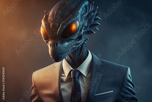 Out-of-This-World Business: Suit-Wearing Alien Portrait. Generative ai