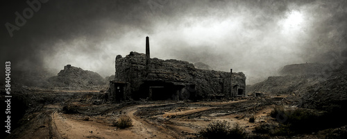 An ominous, abandoned mine in a desolate Western American desert setting, perfect for evoking gripping visuals. Generative AI photo