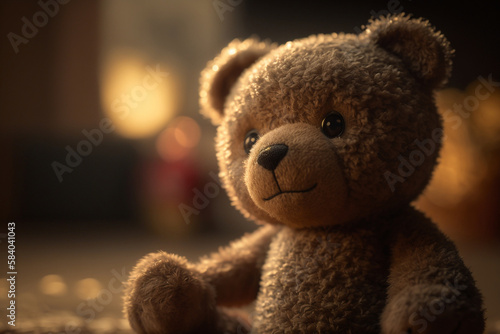 cute brown teddy bear, closeup stuffed animal. Generative AI