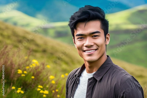 young multiethnic man stands outdoors in a meadow in front of smaller mountains and hills. Generative AI
