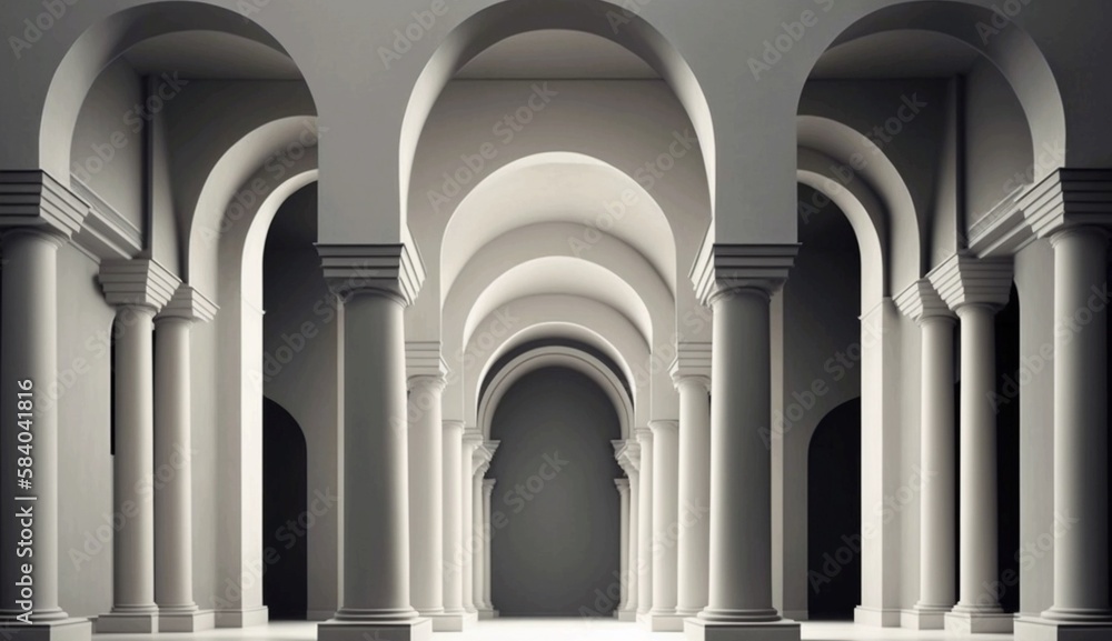 Abstract white corridors with columns in the Greek style, white Art Nouveau architecture. Generative AI.