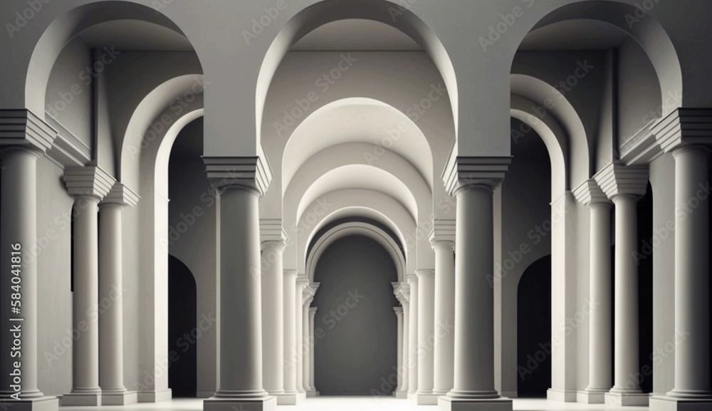 Fototapeta premium Abstract white corridors with columns in the Greek style, white Art Nouveau architecture. Generative AI.