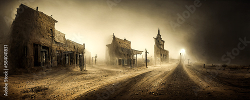 An old western ghost town, abandoned in a spooky, dark desert. An image with dramatic tones to use to create a timeless atmosphere. Generative AI
