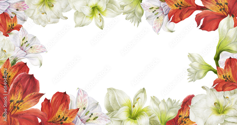 Obraz premium Exotic lilies floral header border. Romantic composition for weddings and Valentines Day. Watercolor illustration, frame for congratulations and invitations