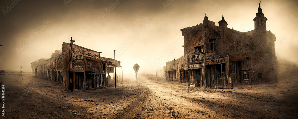 A main street in an abandoned ghost town, surrounded by a dark and sinister desert landscape, to be used in visuals rich in emotion and mystery. Generative AI - obrazy, fototapety, plakaty 