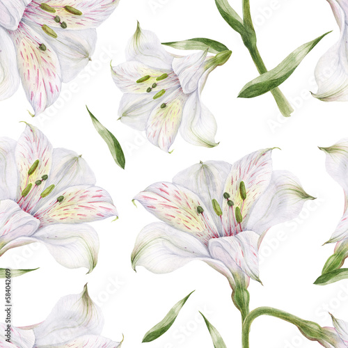 Seamless pattern of white alstroemeria flowers. Romantic composition for weddings and Valentines Day. Floral watercolor illustration for textiles, greetings and invitations