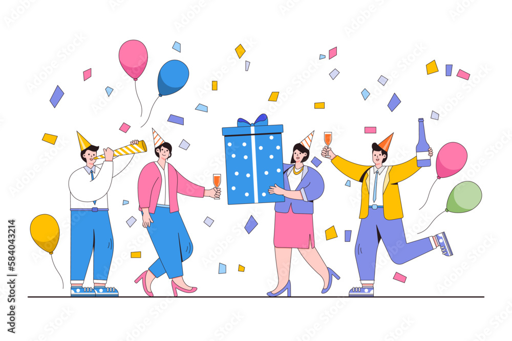 Fototapeta premium Work celebration concept. Happy people celebrating birthday with confetti, balloons, party hats. Outline design style minimal vector illustration for landing page, infographics, hero images