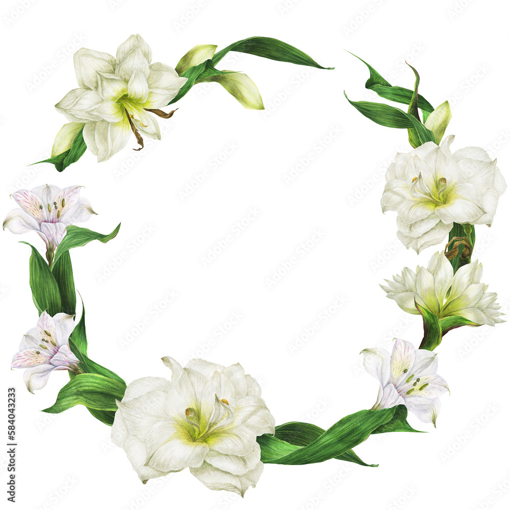 Wreath frame of white lilies. Romantic composition for weddings and Valentines Day. Watercolor illustration, frame for congratulations and invitations Wreath frame of white lilies. Romantic composition for weddings and Valentines Day. Watercolor illustration, frame for congratulations and invitations